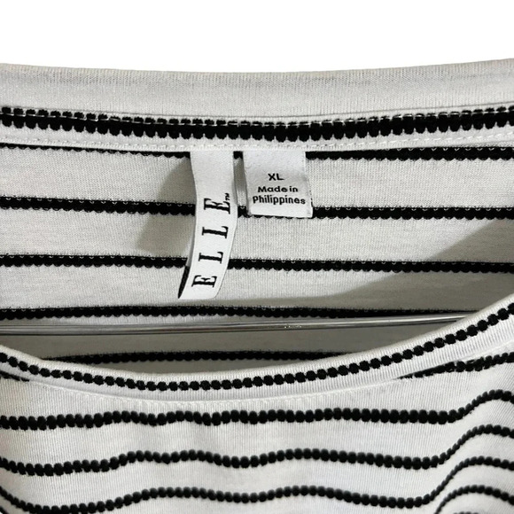 Elle Black and White Striped Blouse XL Textured Flared 3/4 Sleeves Eyelet Trim - Picture 9 of 12